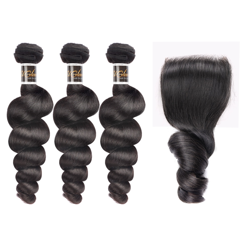 Uglam 4x4 Lace Closure With Bundles Loose Wave 